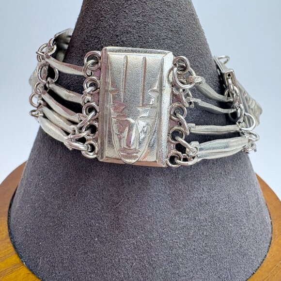 VTG Sterling Silver 925 Aztec Warrior Mask Wide Chunky Bracelet Size 7" Length - Picture 2 of 10